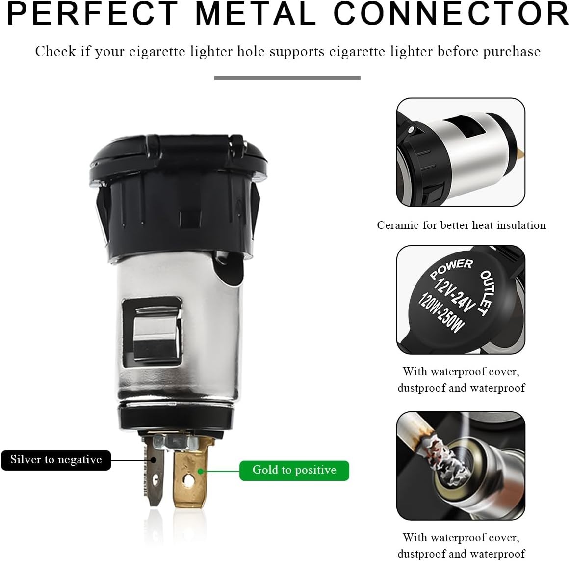 DC 12V Waterproof Cigarette Lighter Power Adapter with Cable, Universal Cigar...
