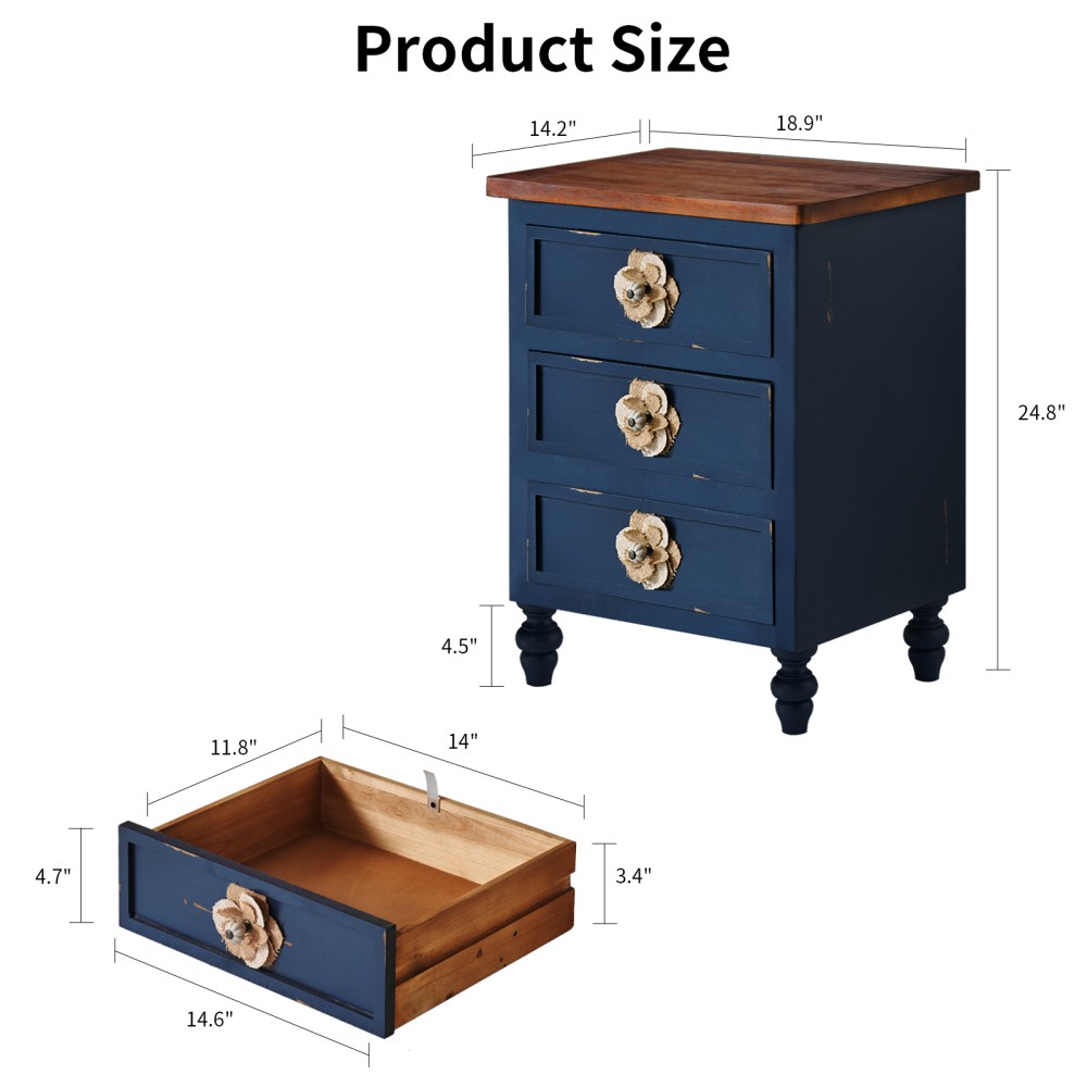 Side Table with Floral Knobs Three-Drawer Design Featuring Gourd-Shaped Legs