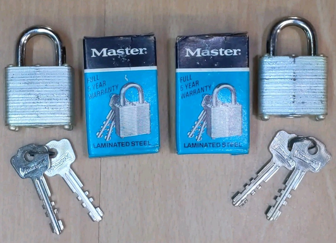 Vtg Master Lock Laminated Steel Padlock- Lot Of Two-  1-1/8" #105 New Old Stock