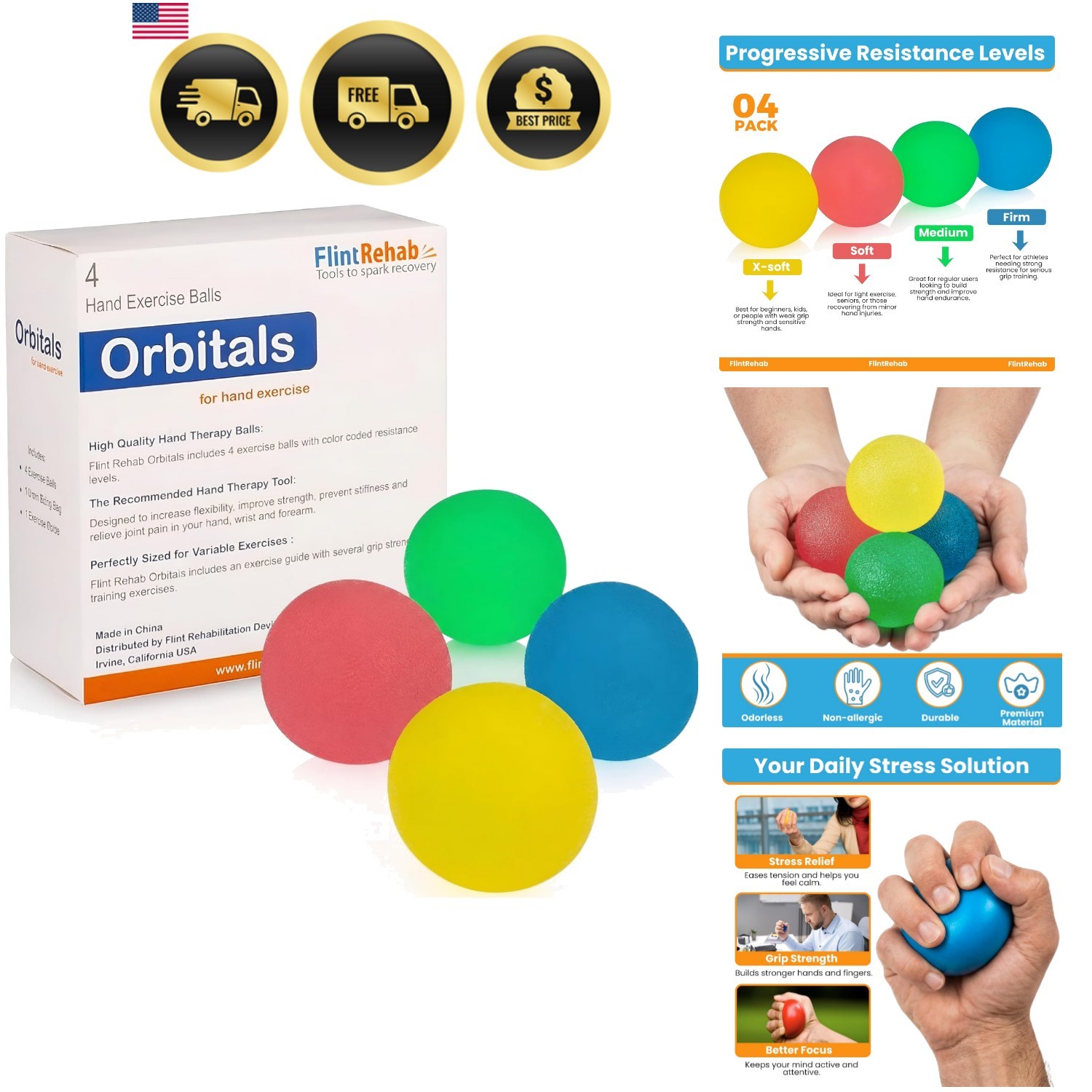Hand Exercise Balls - Set of 4 for Carpal Tunnel Stress/Pain Relief, Stress B...