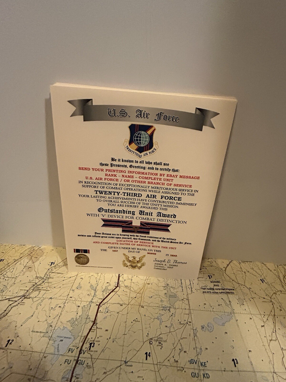 U.S. AIR FORCE / 23RD AIR FORCE - OUTSTANDING UNIT AWARD W/V DEVICE CERTIFICATE