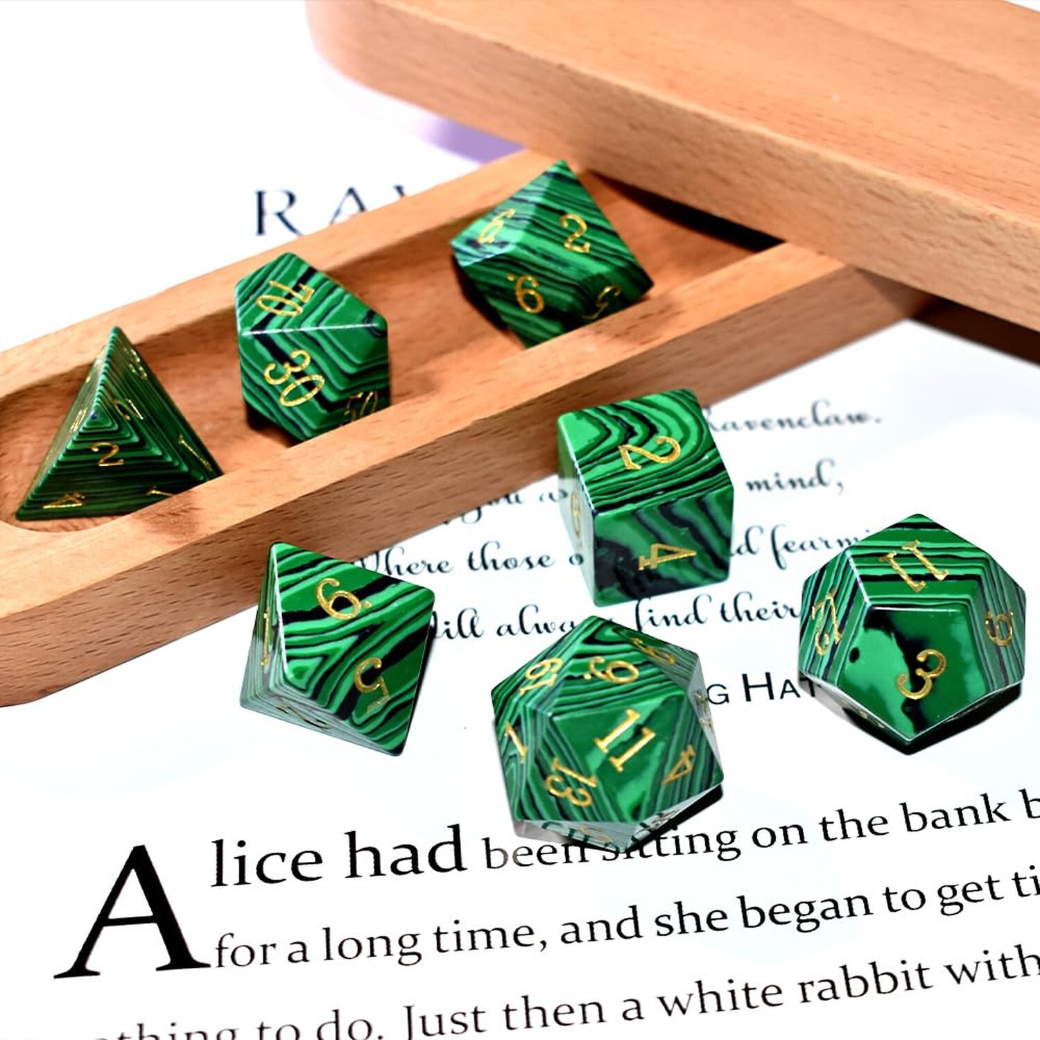 Malachite Stone Dice Set D&D 7PCS Gemstone Dice Polyhedral DND Dice with Gift...