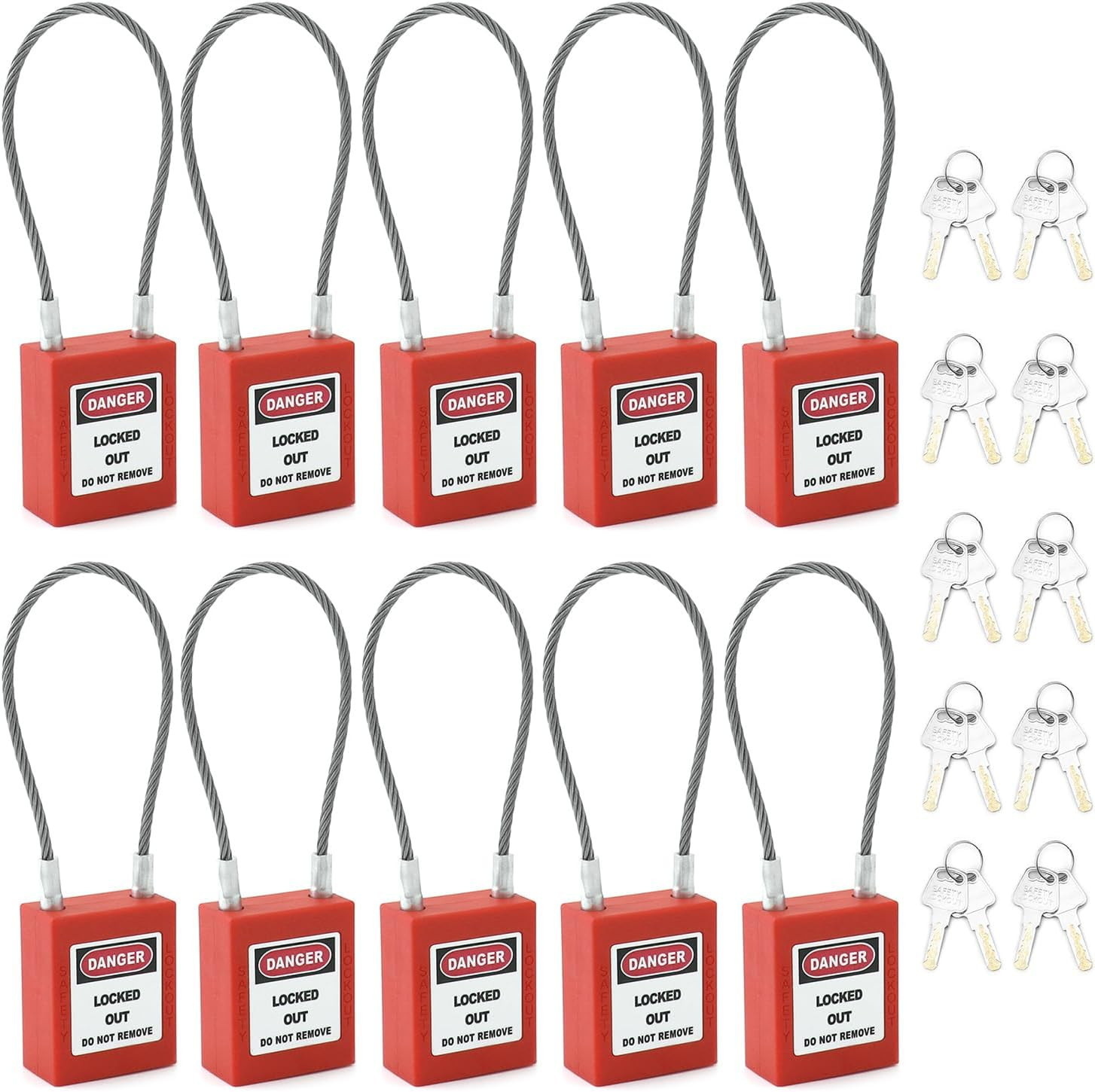 10 Pack Safety Cable Lockout Tagout Padlock Set Keyed Different Red
