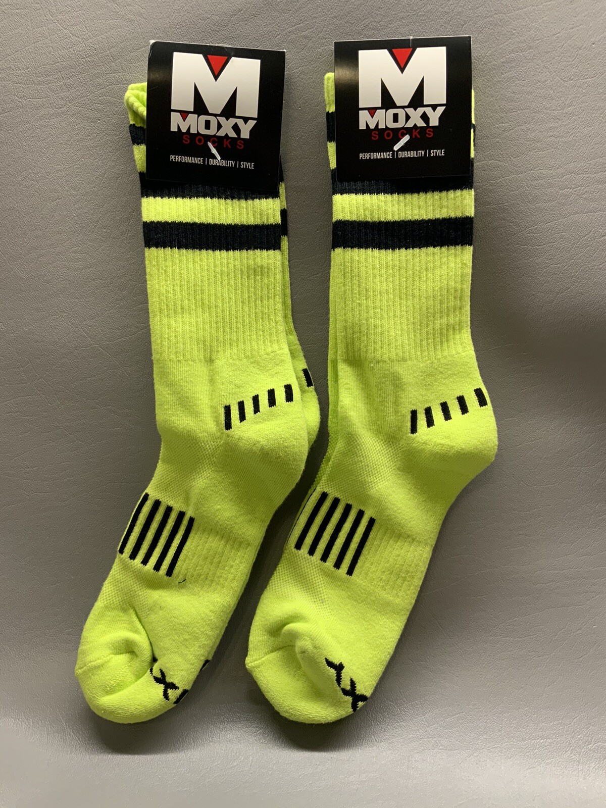 Moxy (Set of 2)  Vintage Stripe Crew Performance Socks Neon Yellow/Black NEW