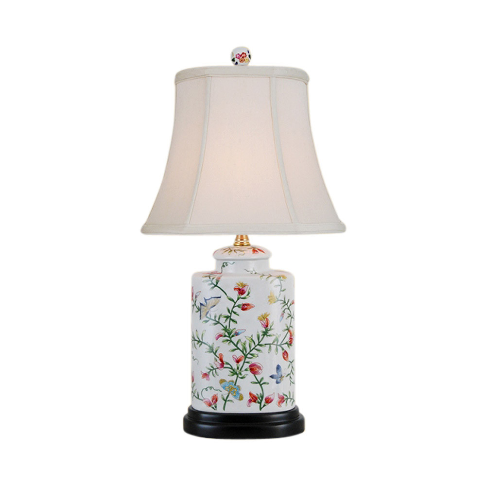 Beautiful Chinese Floral Butterfly Motif Porcelain Jar Table Lamp 21"