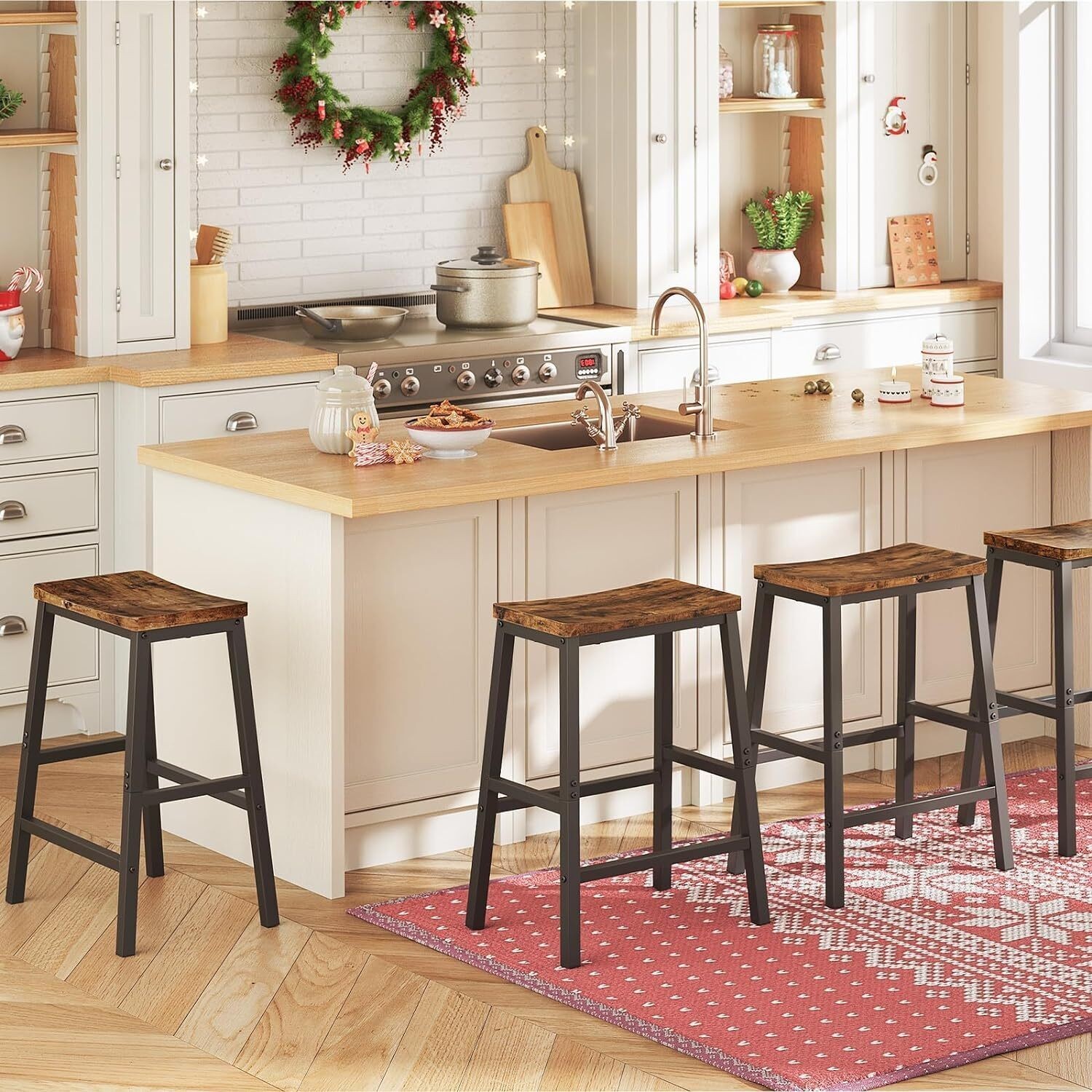 Bar Stools 23.6 Inch Saddle Stool Kitchen Counter W/ Footrests Set of 2 Strong