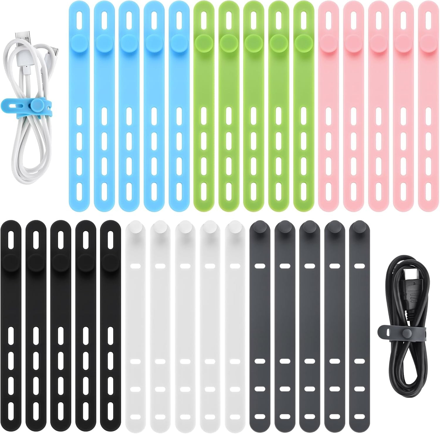 30 Pcs Silicone Cable Ties, Cord Organizer Ties, Cord Ties Reusable, Cord Wrap C
