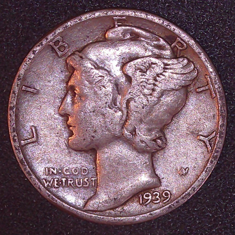 1939-P Mercury Winged Liberty .10c Dime 90% SILVER Philadelphia Mint