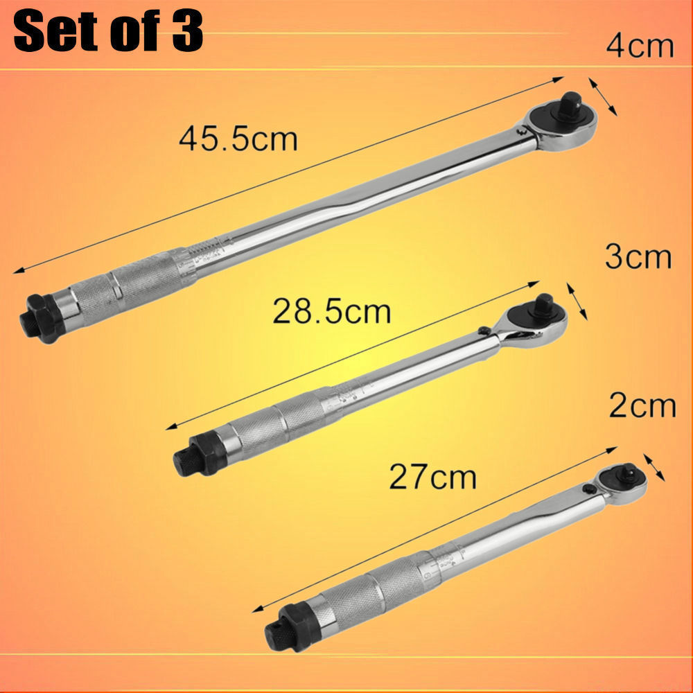 Set of 3- 1/4, 3/8 & 1/2 Drive Click Type Torque Wrench Snap Socket