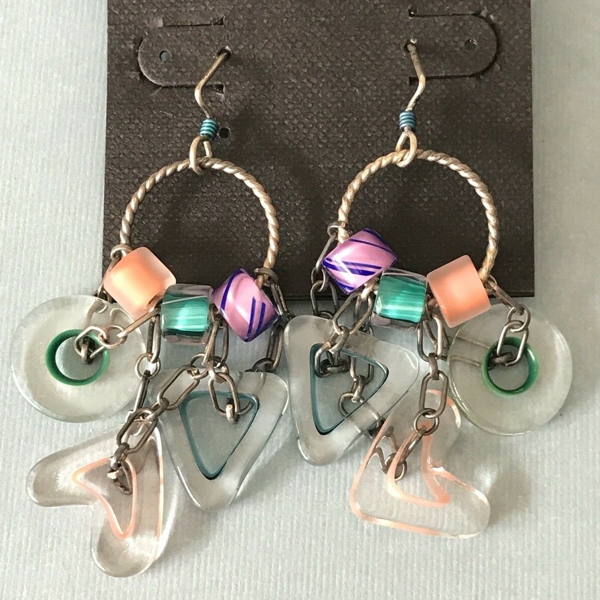 Vintage Silver Handcrafted Glass Pink Purple Blue Geometric Handcrafted Earrings