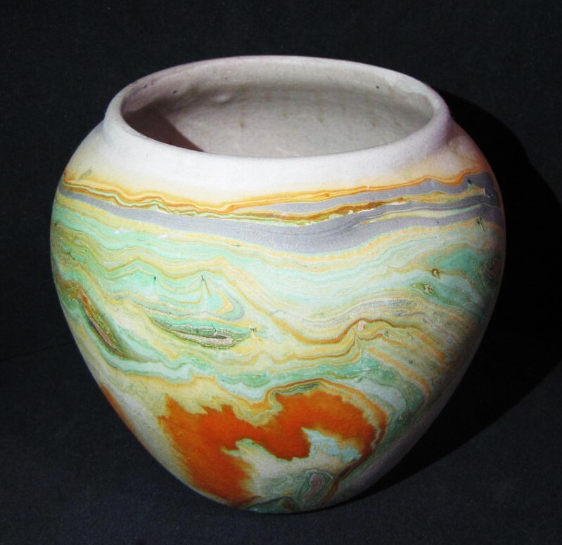 Vintage Marked Nemadji Pottery Swirl Design Clay Planter Vase w Glazed Interior