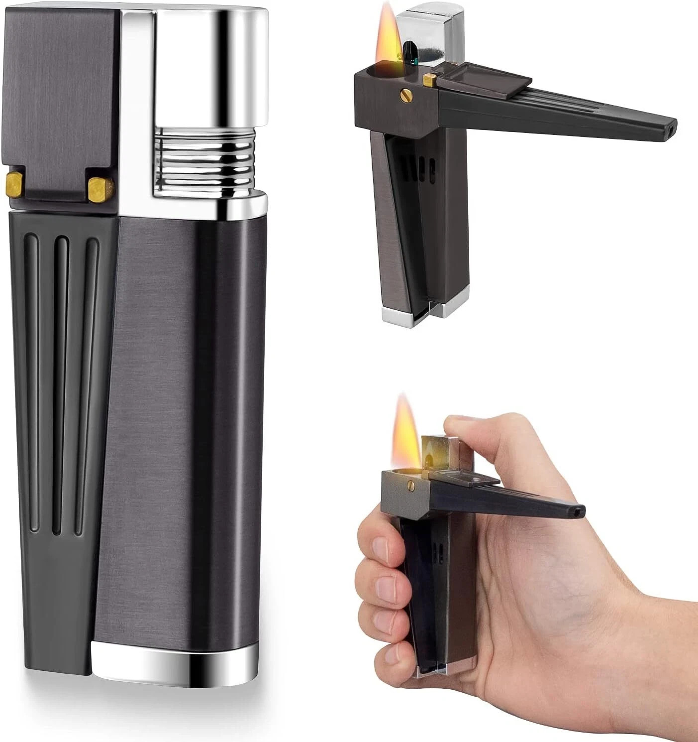 Foldable Metal Lighter Pipe Combination Portable Smoking Lighter Black 2 in 1