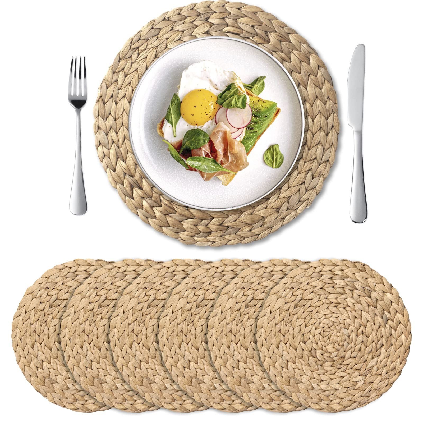 6 Pack 13.8" Woven Placemats, Natural Hand-Woven Water Hyacinth Placemats, Ro...