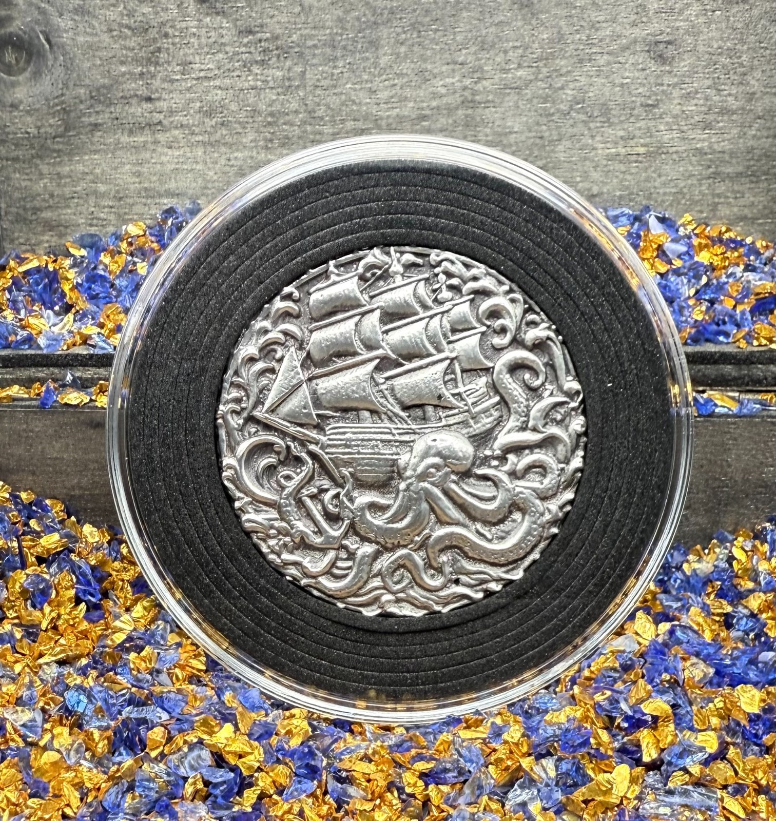 2.7 ozt .999 FS ultra-high relief Kraken silver round Capsule COA Chest 1 of 50