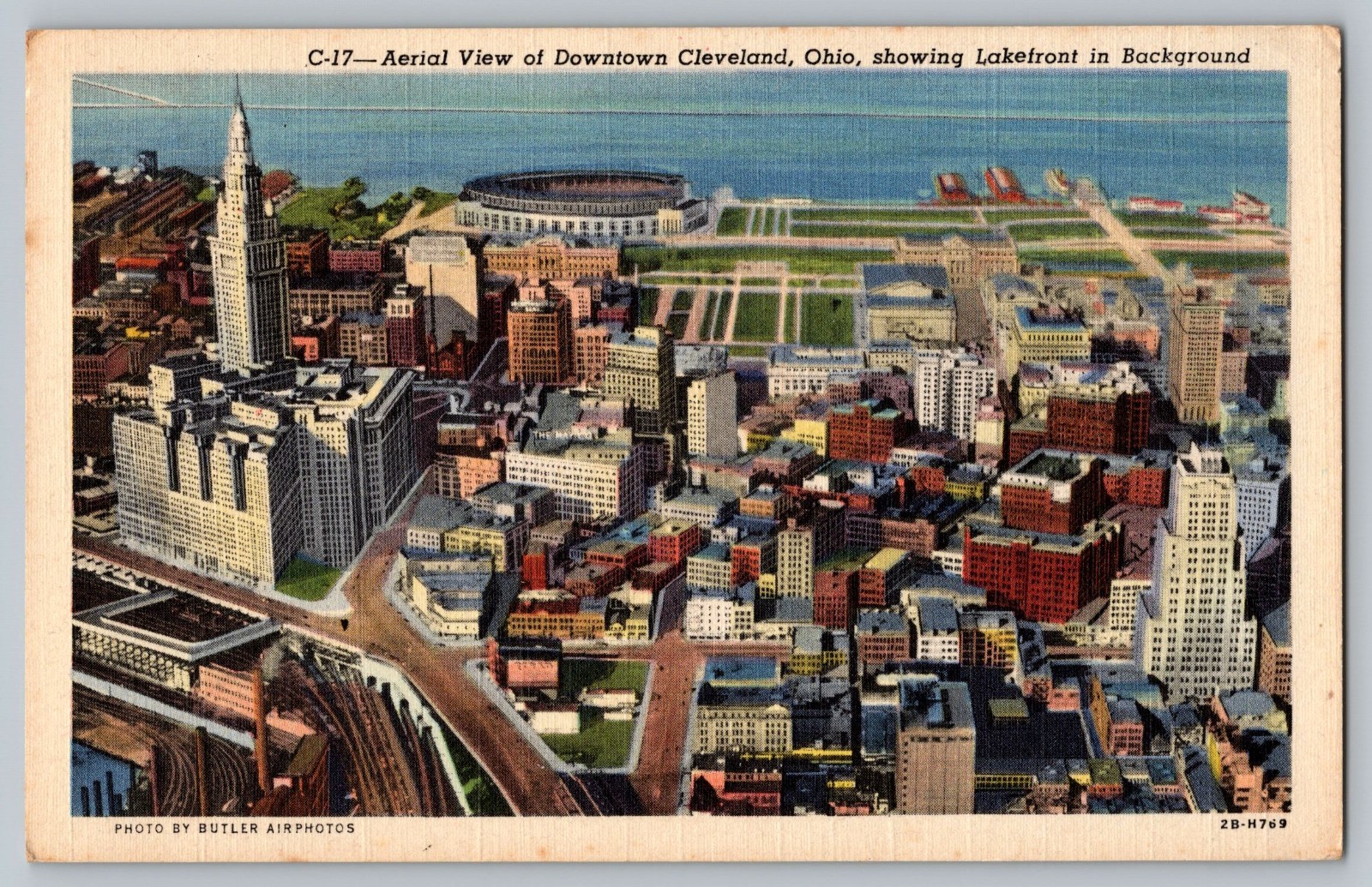 Vintage Postcard Aerial View Downtown and Lakefront Cleveland, Ohio 1940s