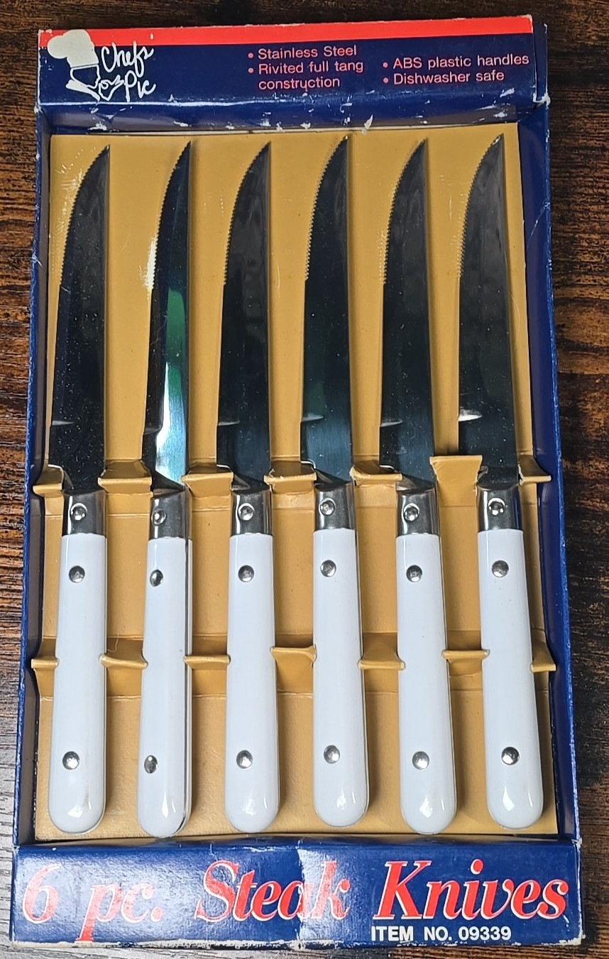 6 Steak Knives Full Tang Stainless Steel White ABS Handles Taiwan Liss Brothers