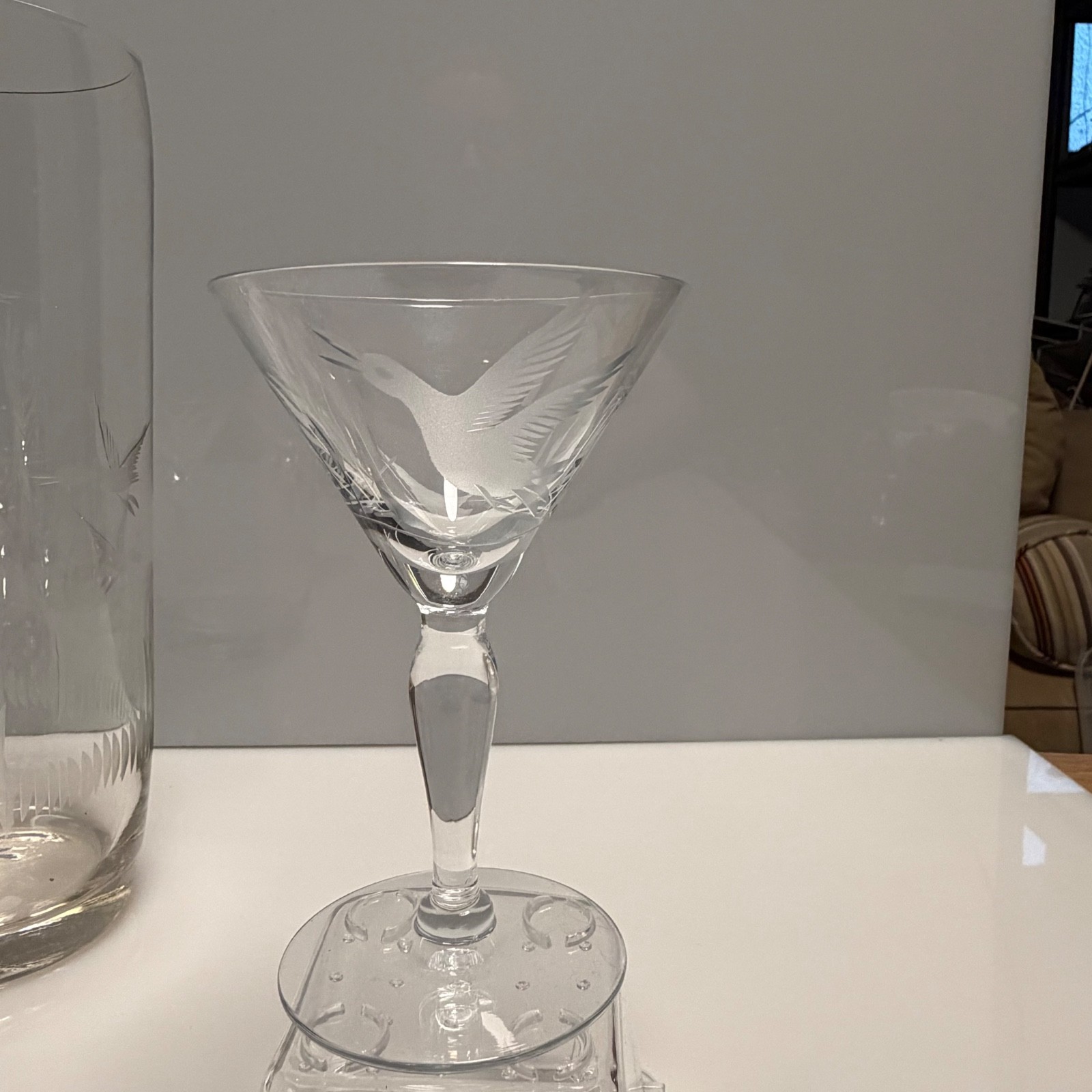 Vintage Five Piece Etched Glass Martini Set with Elegant MCM Flying Geese Design