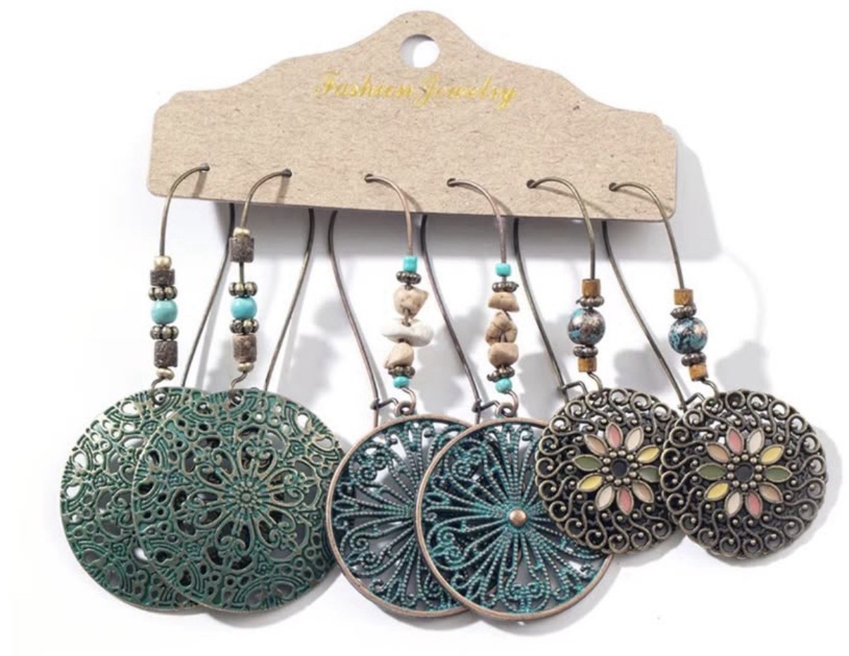 Bohemian Jewelry Set 3 Pairs Metal Earrings Green Bronze Multicolor Nickel-Free