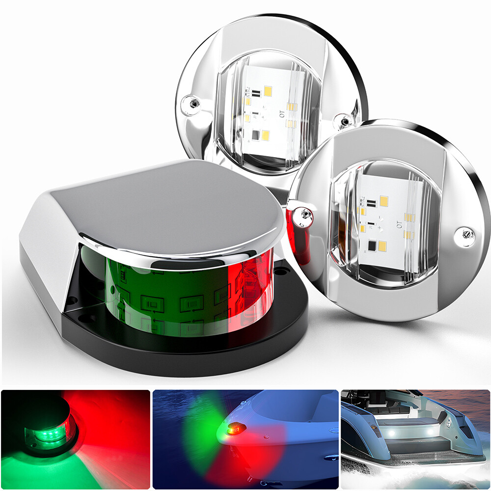 Red Green Marine Boat LED Navigation Lights Silver + Boat Deck Courtesy Light