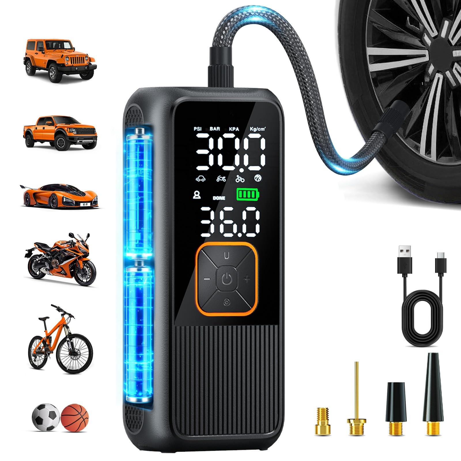 Tire Inflator Portable Compressor, 150 PSI Rechargeable Pump with Digital Pre...