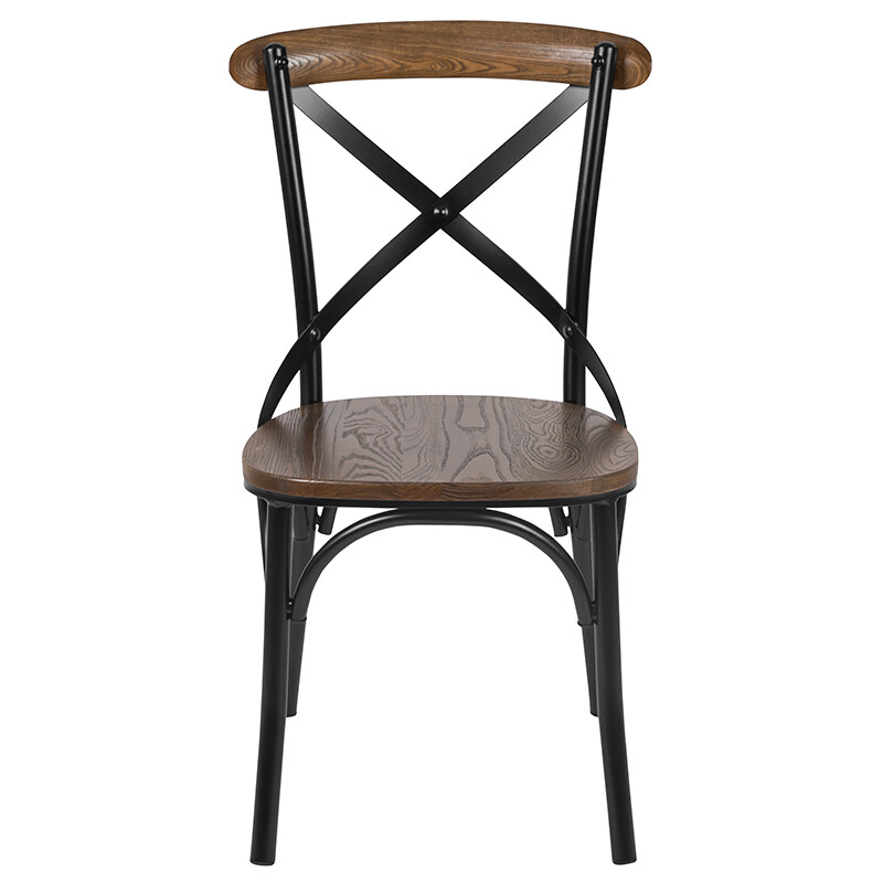 Bistro Style Cross Back Metal Restaurant Chair w/ Metal Bracing & Fruitwood Seat