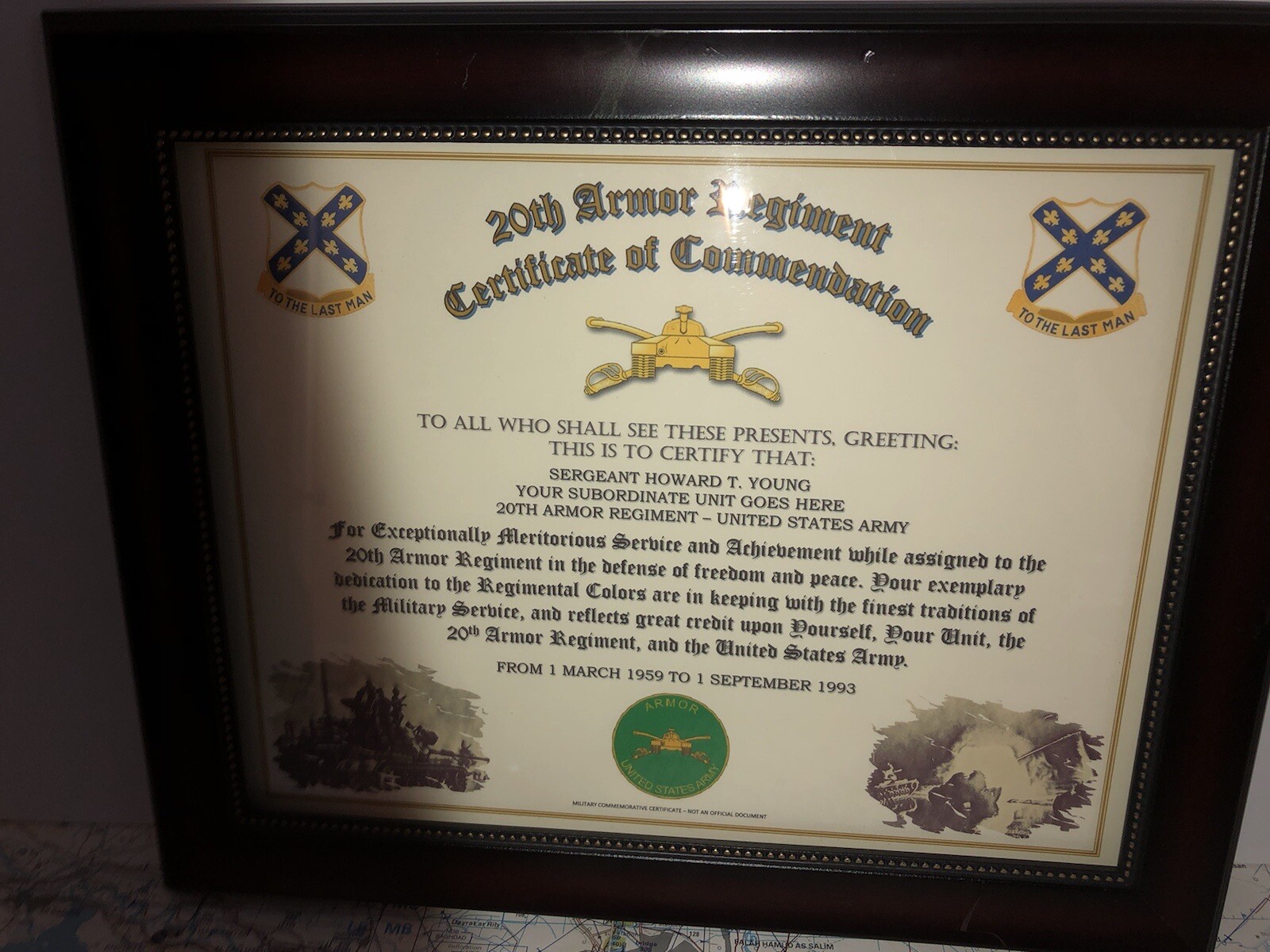 20TH ARMORED REGIMENT / COMMEMORATIVE - CERTIFICATE OF COMMENDATION