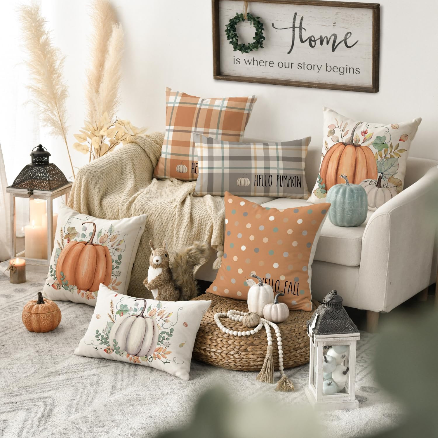 Hello Fall Pumpkin Throw Pillow Covers, 18X18 Inch, Set of 4, Orange Eucalyptus