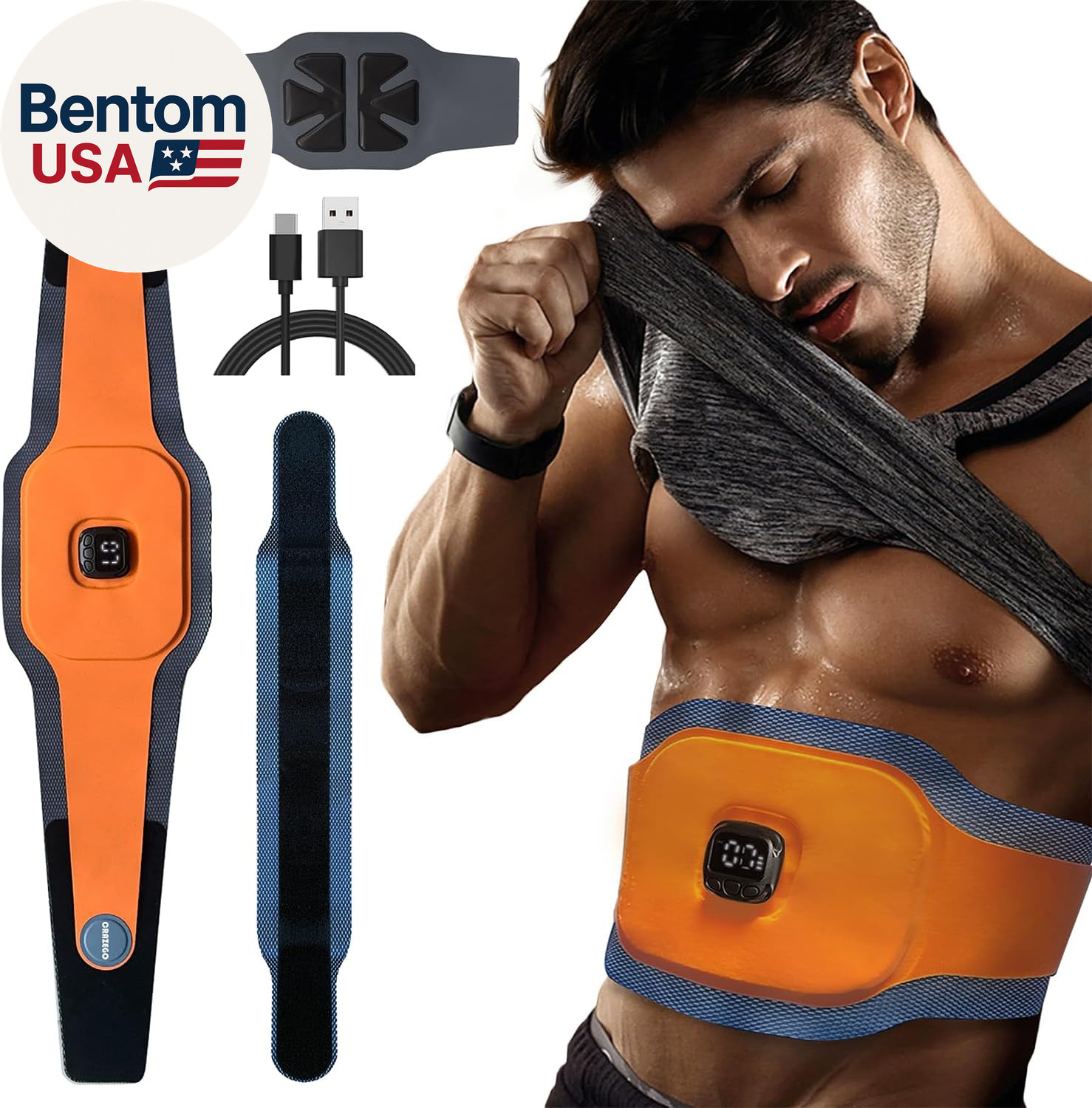 EMS Belt Ab Stimulator – Adjustable Toning Belt with 10 Modes & 6 Pads, 3-Layer