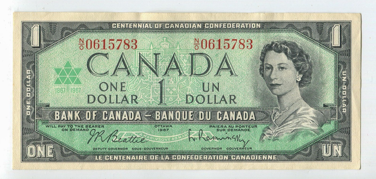 1967 Bank of Canada Centennial $1 One Dollar Note Beattie Rasminsky UNC SM376