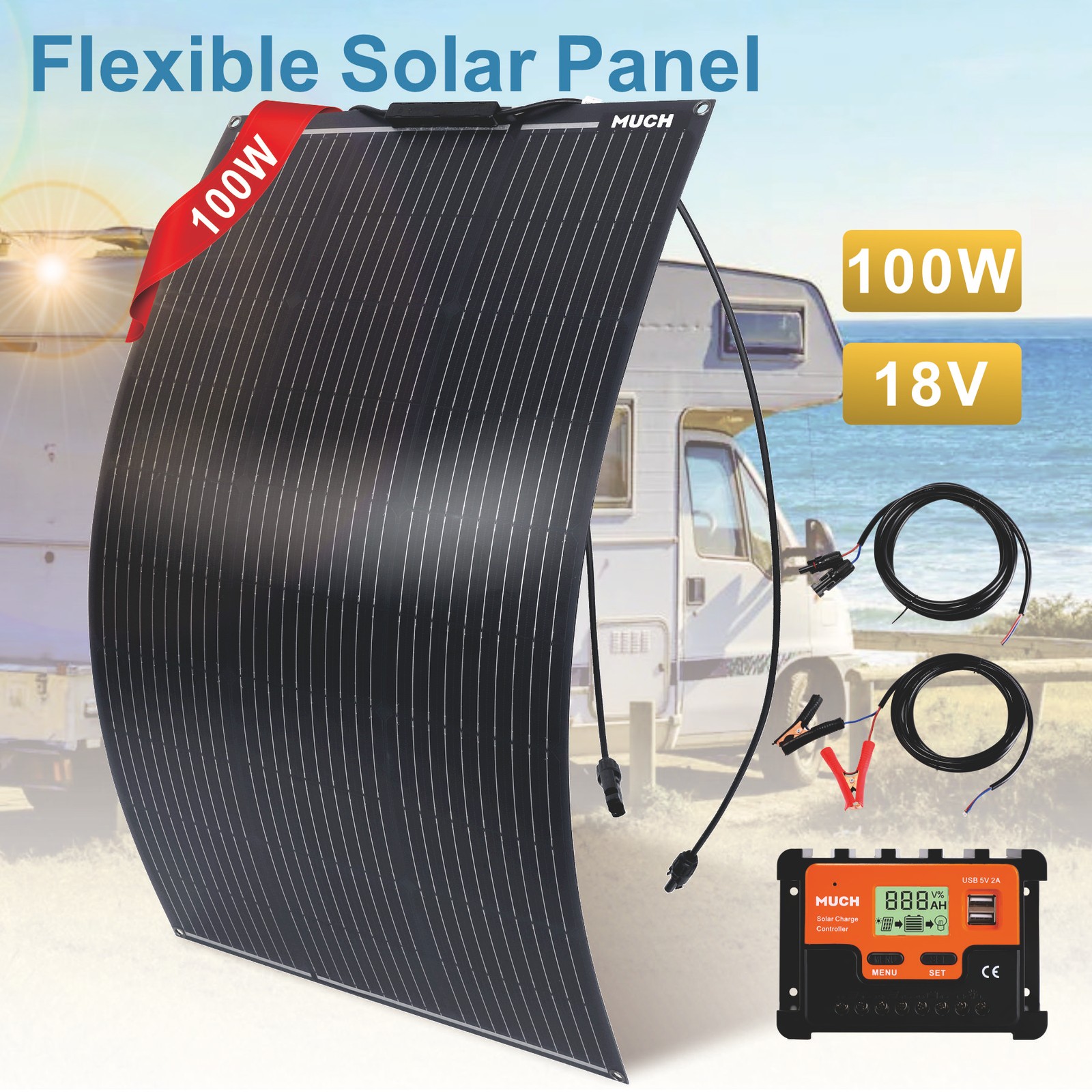 100W 18V Flexible Mono Solar Panel to 12V Battery Off Grid RV Marine Camping US