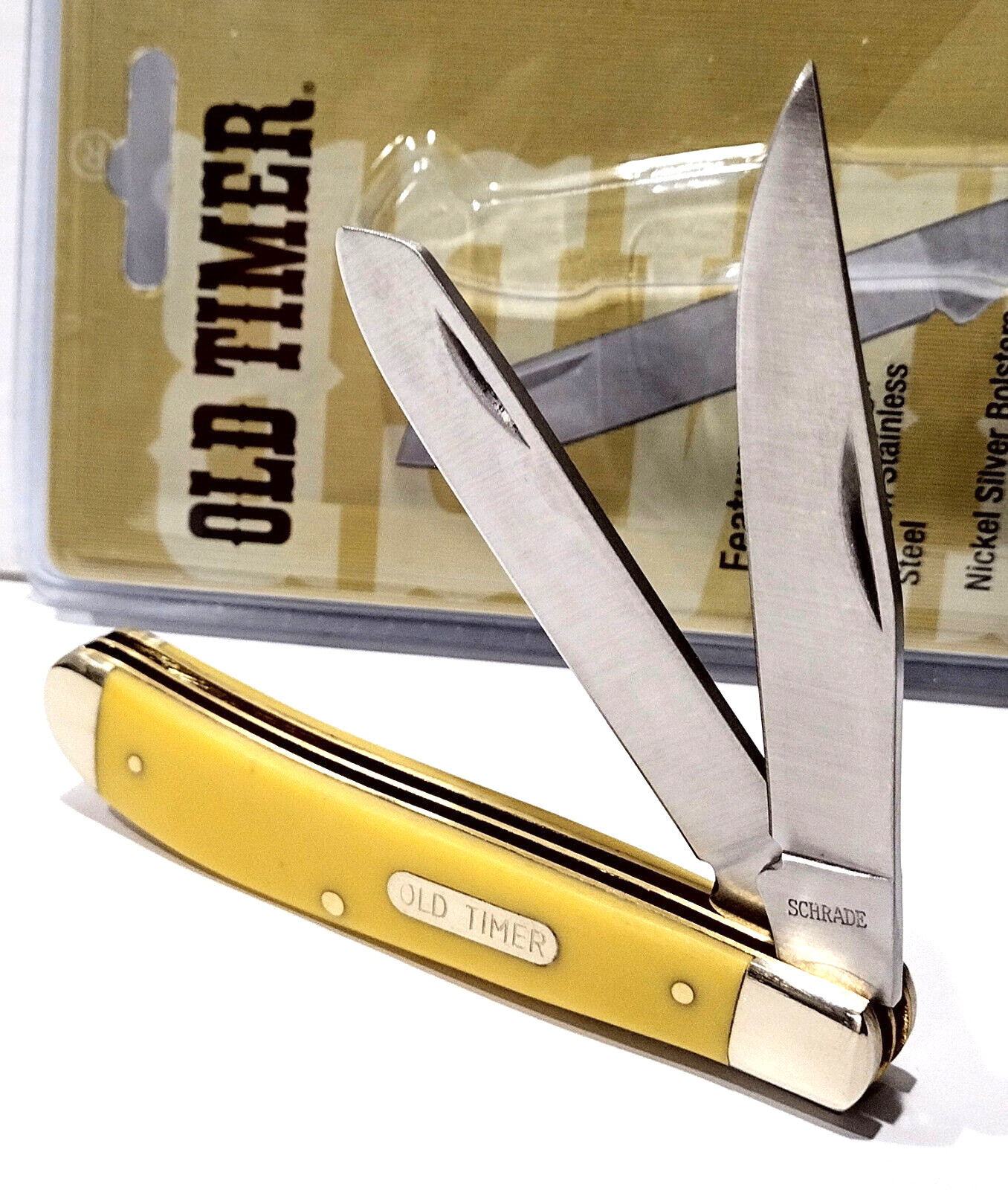 Schrade Old Timer Smooth Yellow Delrin 2 Blade Trapper Folding Pocket Knife