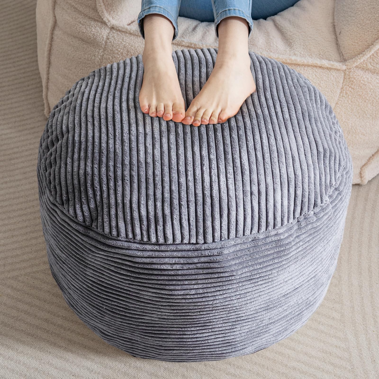 Round Stuffed Pouf Ottoman, Corduroy Poufs with Foam Chunk Filling, Furry and...