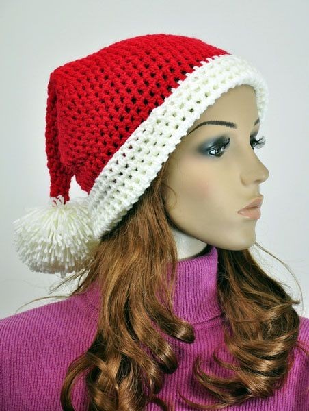 100% Cotton Hand Knit Cute Santa Claus Christmas Hat Beanie Cap Red & White