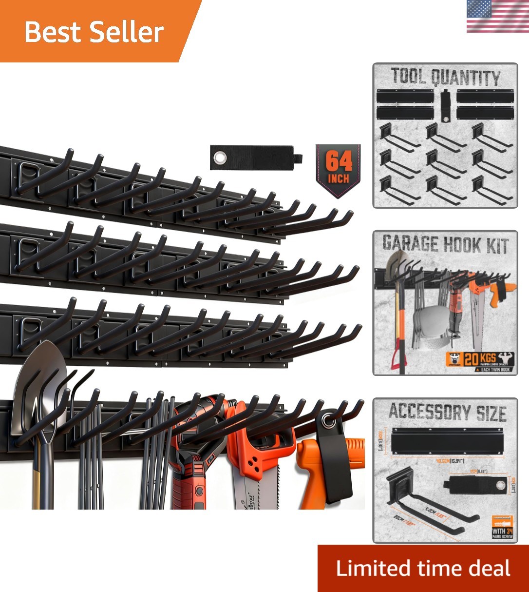 Max Load 600LB Heavy-Duty Garage Rack - 64-Inch with Adjustable Hooks Included