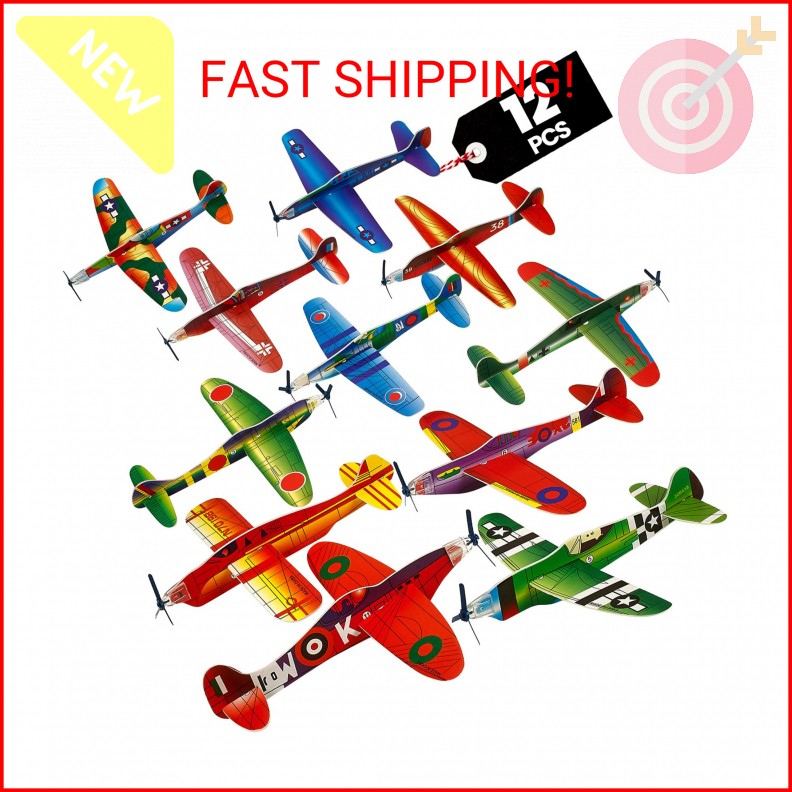 Bedwina Glider Planes Bulk 12-Pack 8-Inch Bomber Airplane Gliders for Kids, Foam