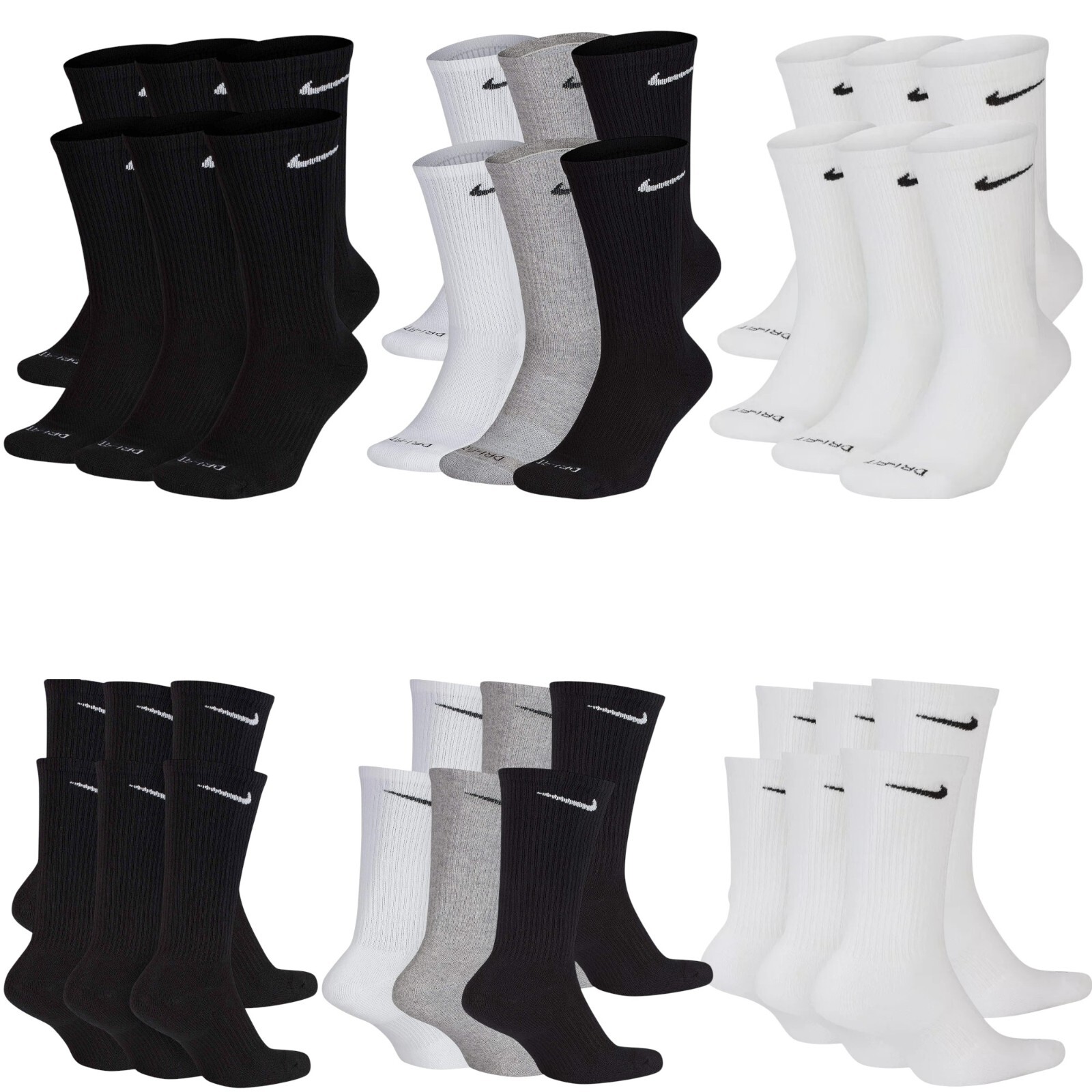 Nike Dri-Fit Unisex Everyday Plus Cushioned Training Crew Socks 6 Pairs
