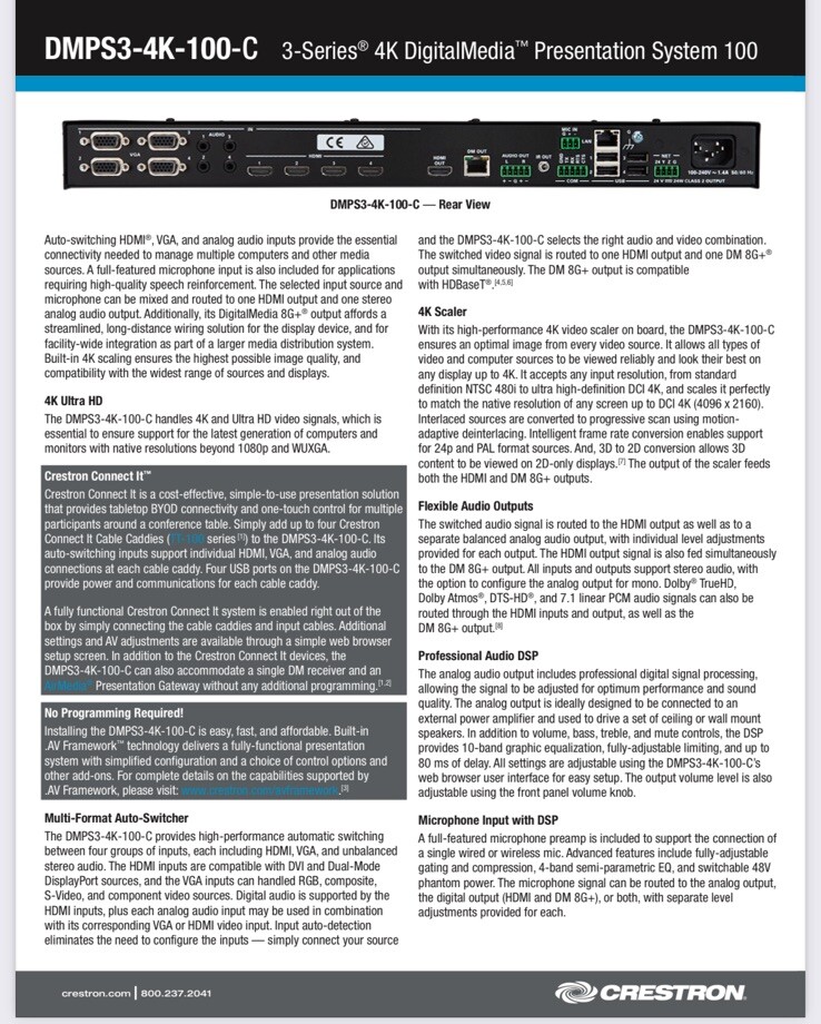 Crestron DMPS3-4K-100-C 3-Series Presentation System 100 4K DigitalMedia