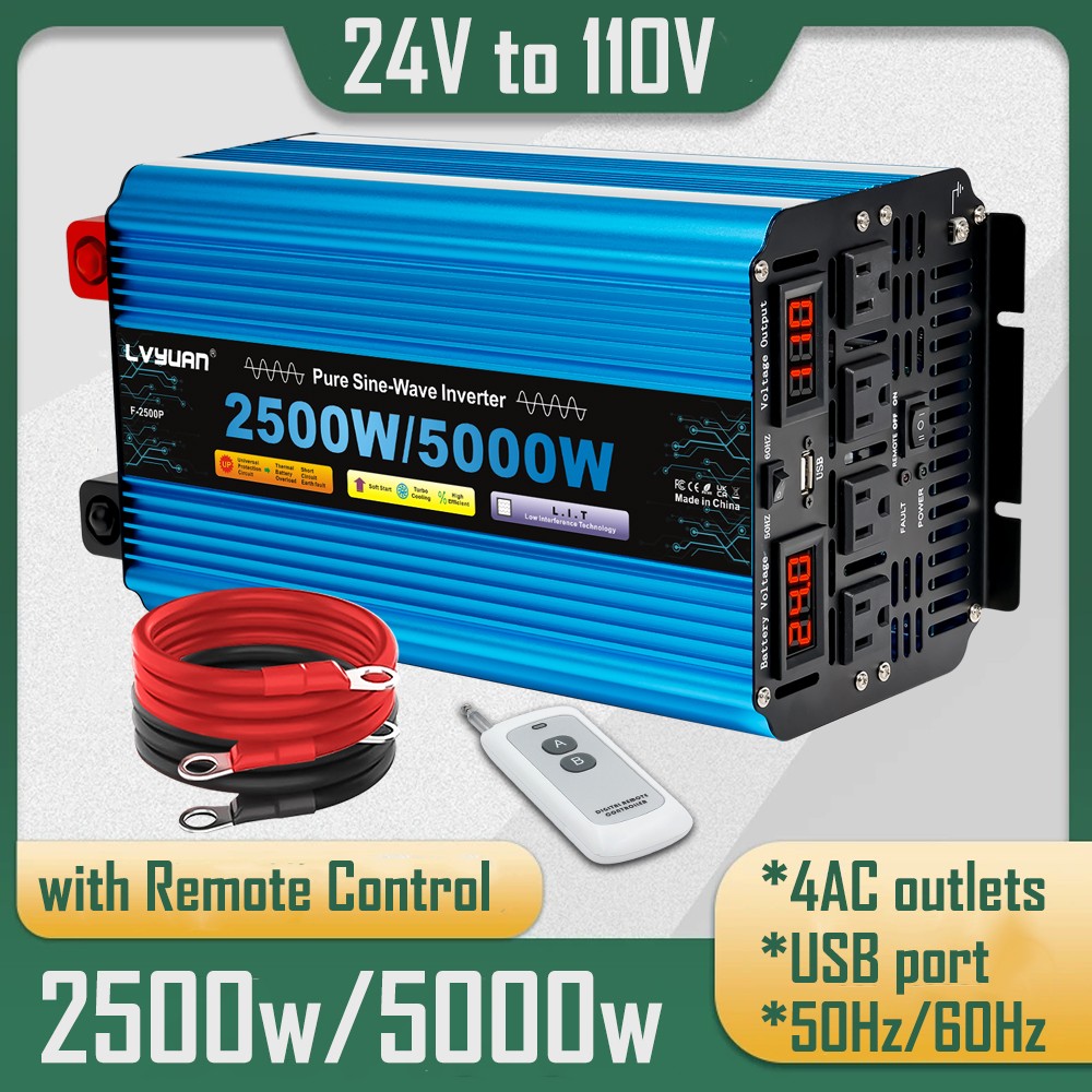 2500W 5000W 24V to 110V Power Inverter Pure Sine Wave 4AC Remote Truck Camping