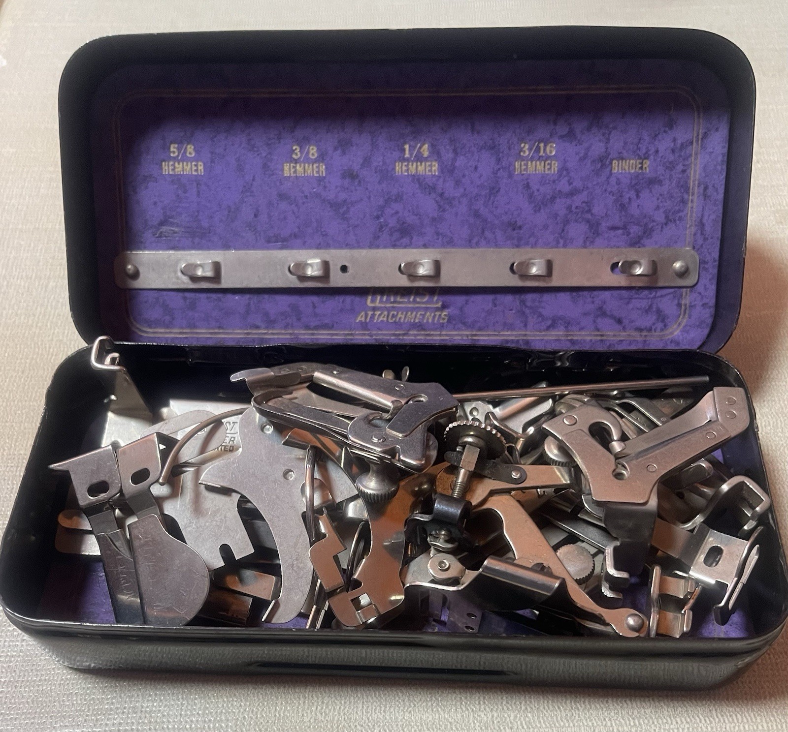 Greist Sewing Machine Attachments in Original Metal Box Antique/Vintage