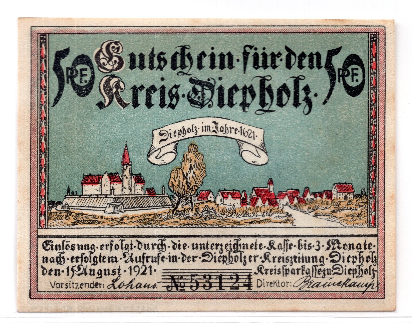1921 Germany Diepholz Notgeld 50 Pfennig Note (3976)