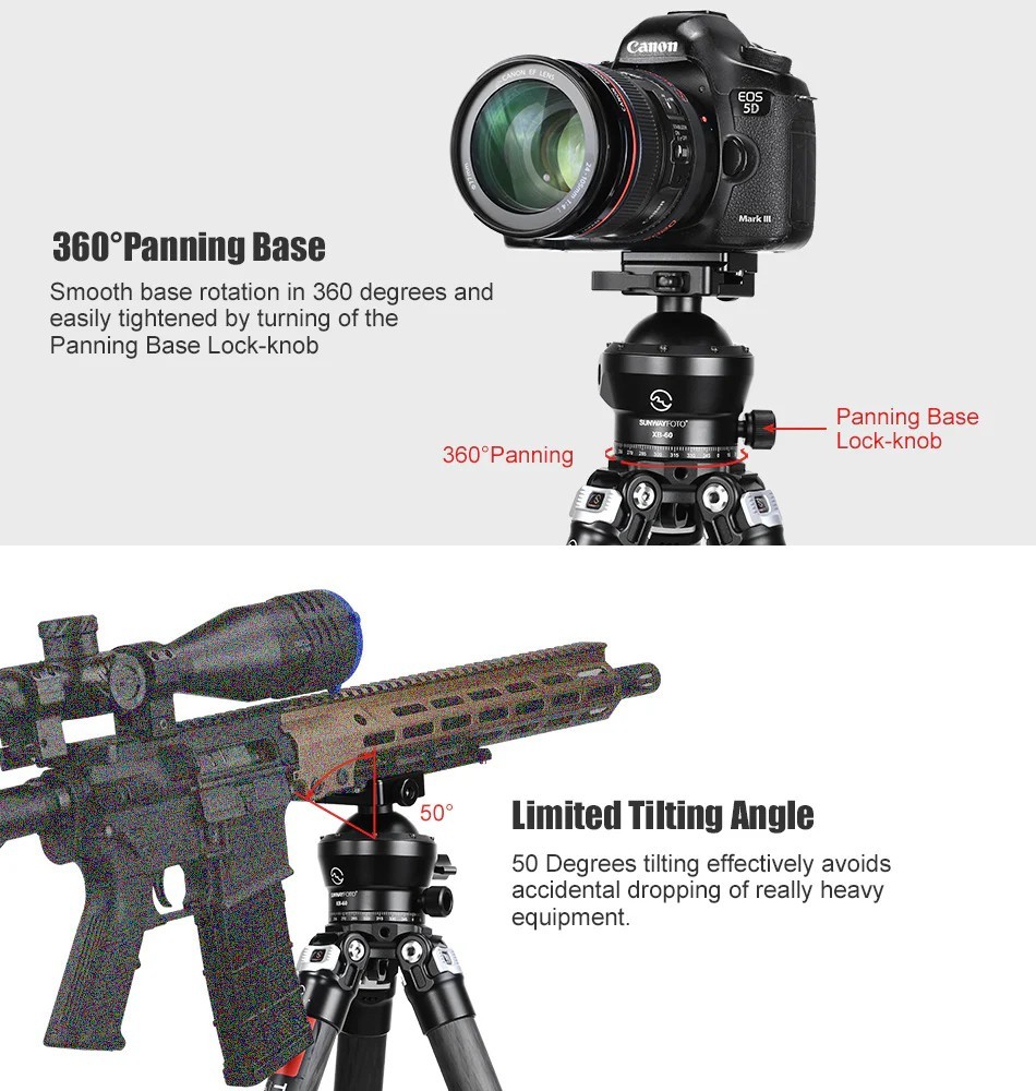 SUNWAYFOTO XB-60 60mm Low Profile Tripod Ball Head Picatinny / Arca Lever Clamp
