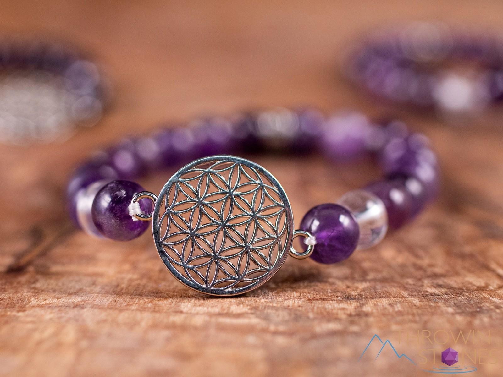 AMETHYST Crystal Bracelet, Flower of Life Charm, Clear QUARZT Round Beads, E1949