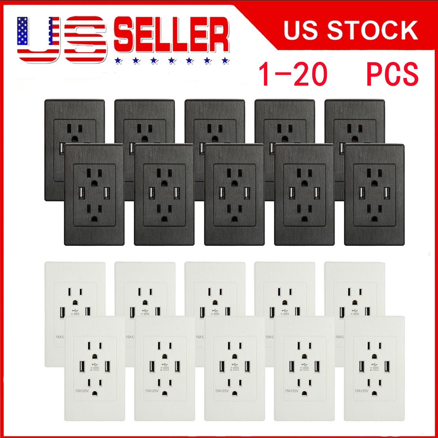 15A 120V Dual Wall Outlet with USB Charger Ports AC Power Receptacle Wall Plate