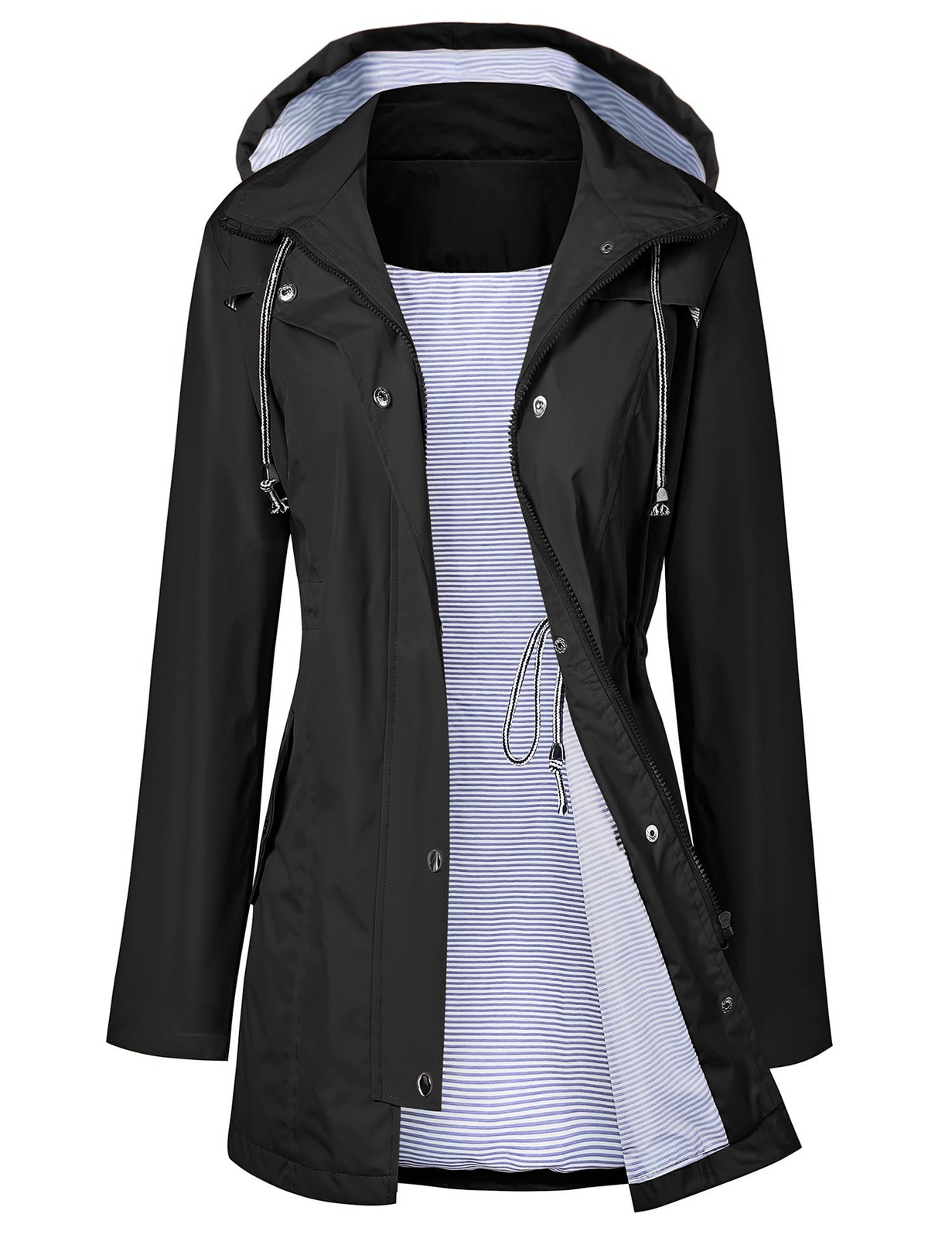 Women Rain Jacket Belted Adjustment Hooded Long Lightweight Packable Outerwea...