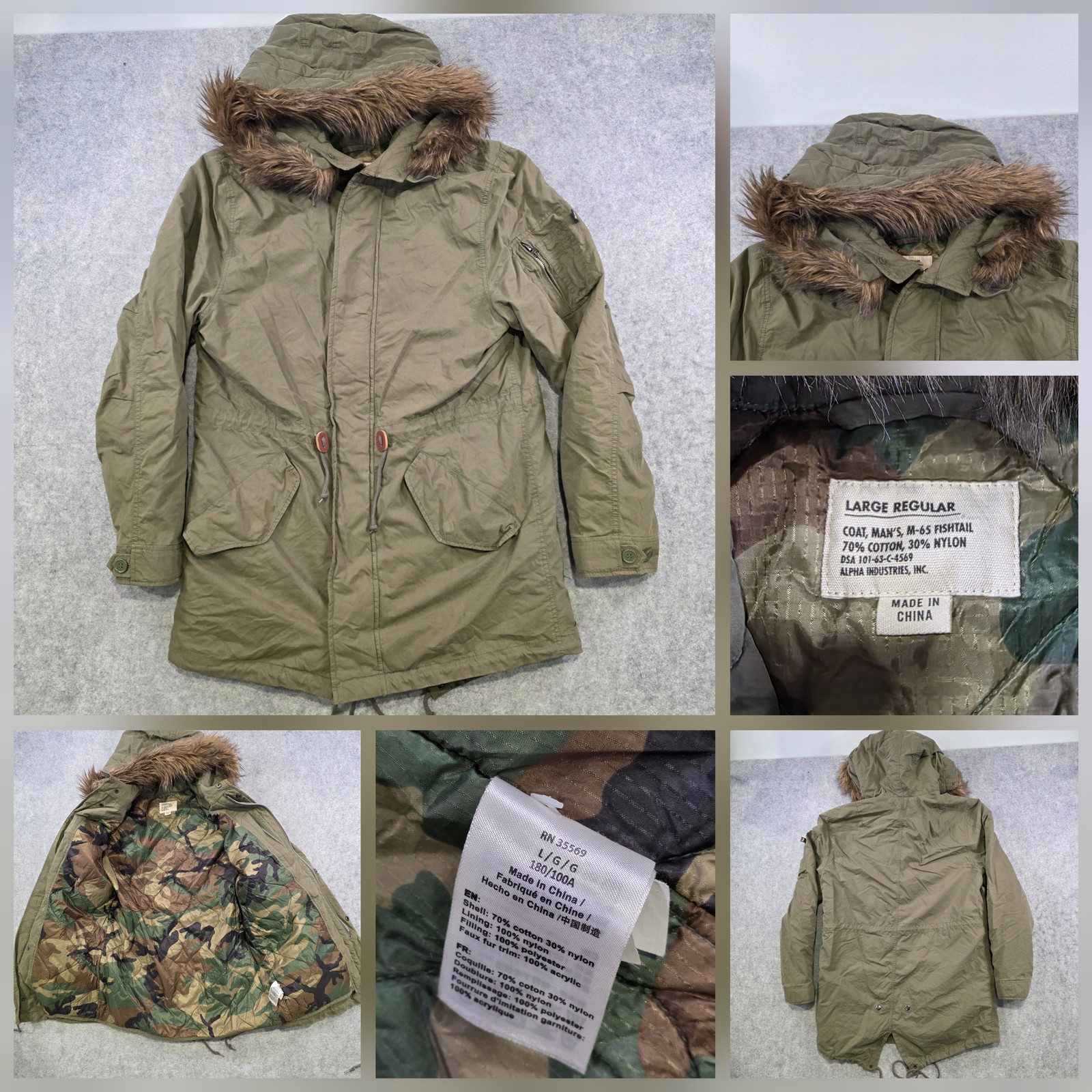 Alpha Industries Coat Mens Large Green M-65 Fishtail Parka Hooded Lined Camo
