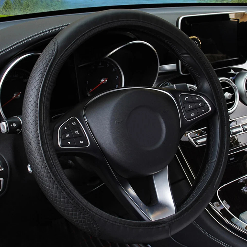 Car Leather Steering Wheel Cover Grip Car Accessories For 15"/37-38CM Black