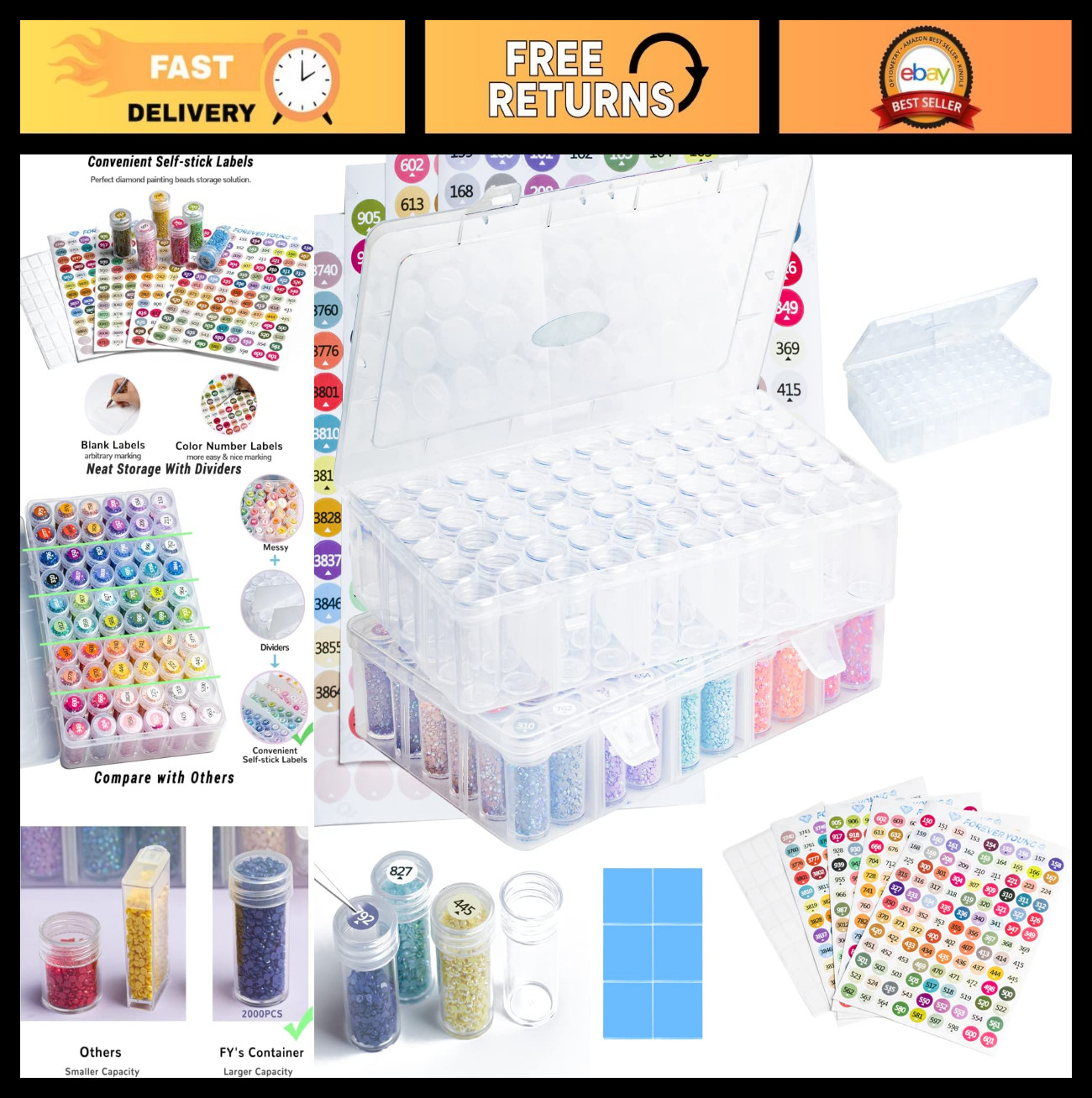 Diamond Art Storage Organizer - 120 Jars with Labels for Craft Supplies