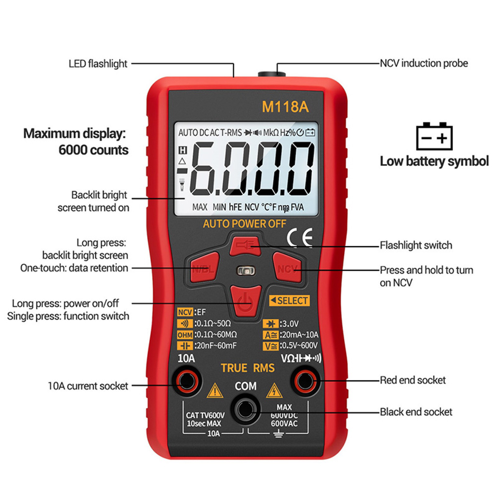 ANENG M118A 6000 Count Multifunktions Digital Multimeter Hand Spannungstester B