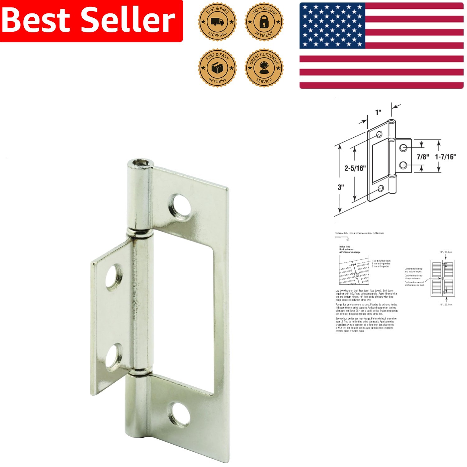 2 Pack Bi-Fold Door Hinges Nickel Plated Steel Easy Install