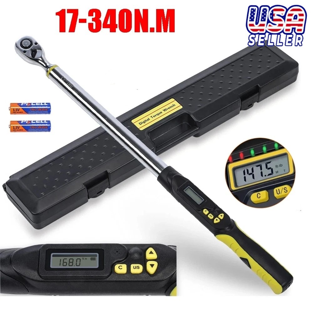 Adjustable 1/2" Drive 10-200Nm Calibrated Digital Torque Wrench + Battery + Key